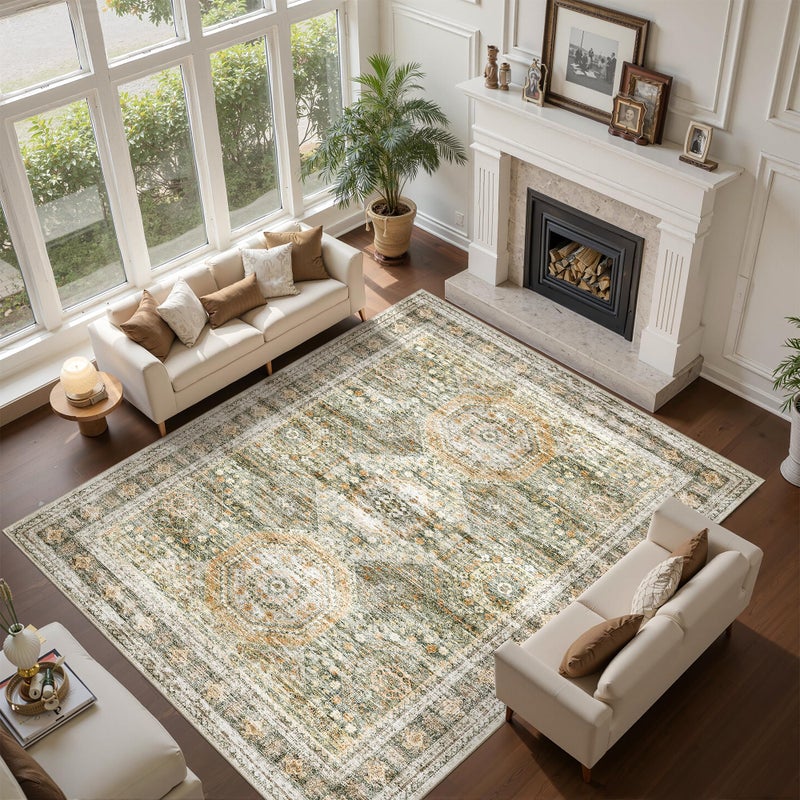 Soalmost Washable Area Rug 8x10, Large Soft Rugs for Living Room Vintage 8x10 Area Rugs for Bedroom Dining Room Non-Slip Stain Resistant Under Table Green Orange Rug - Image 2