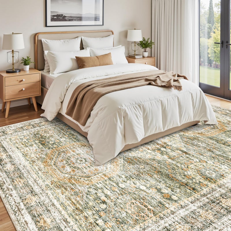 Soalmost Washable Area Rug 8x10, Large Soft Rugs for Living Room Vintage 8x10 Area Rugs for Bedroom Dining Room Non-Slip Stain Resistant Under Table Green Orange Rug - Image 3