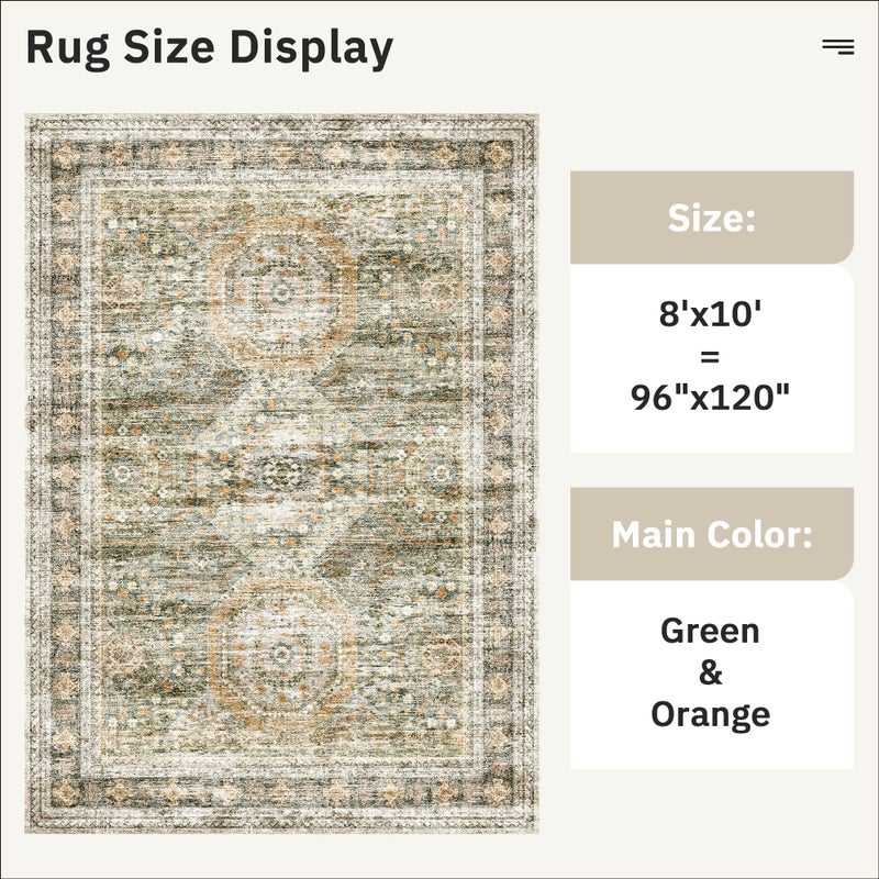 Soalmost Washable Area Rug 8x10, Large Soft Rugs for Living Room Vintage 8x10 Area Rugs for Bedroom Dining Room Non-Slip Stain Resistant Under Table Green Orange Rug - Image 5