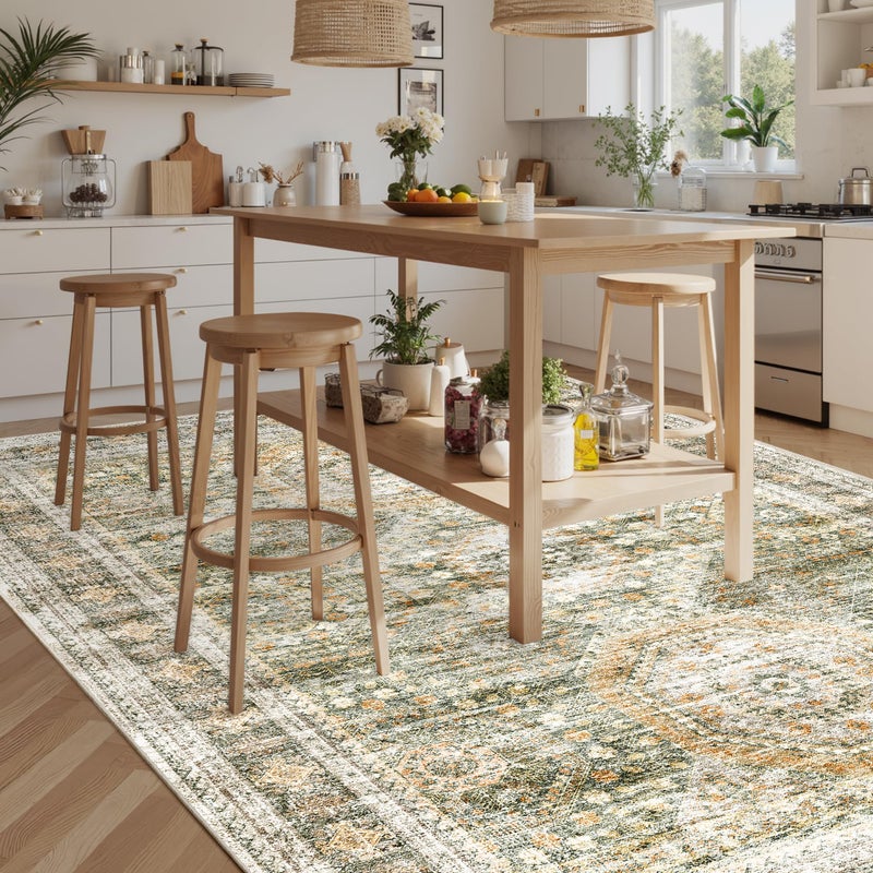 Soalmost Washable Area Rug 8x10, Large Soft Rugs for Living Room Vintage 8x10 Area Rugs for Bedroom Dining Room Non-Slip Stain Resistant Under Table Green Orange Rug - Image 4