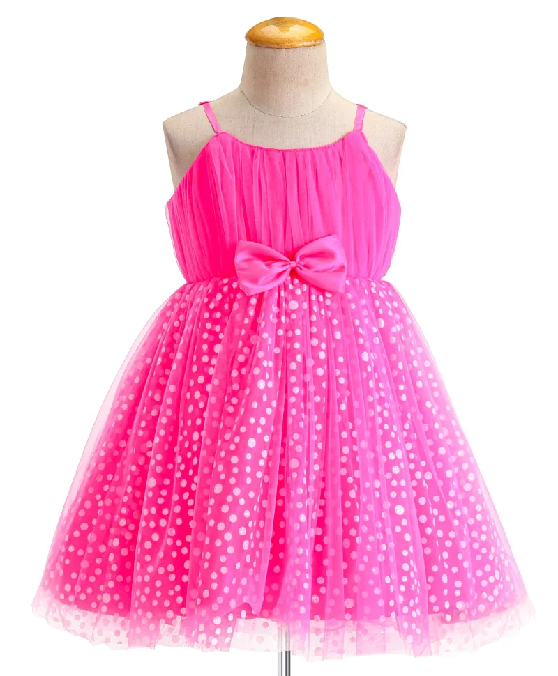 babyhug Babyhug Sleeveless Shimmery Party Frock with Bow Applique - Hot Pink