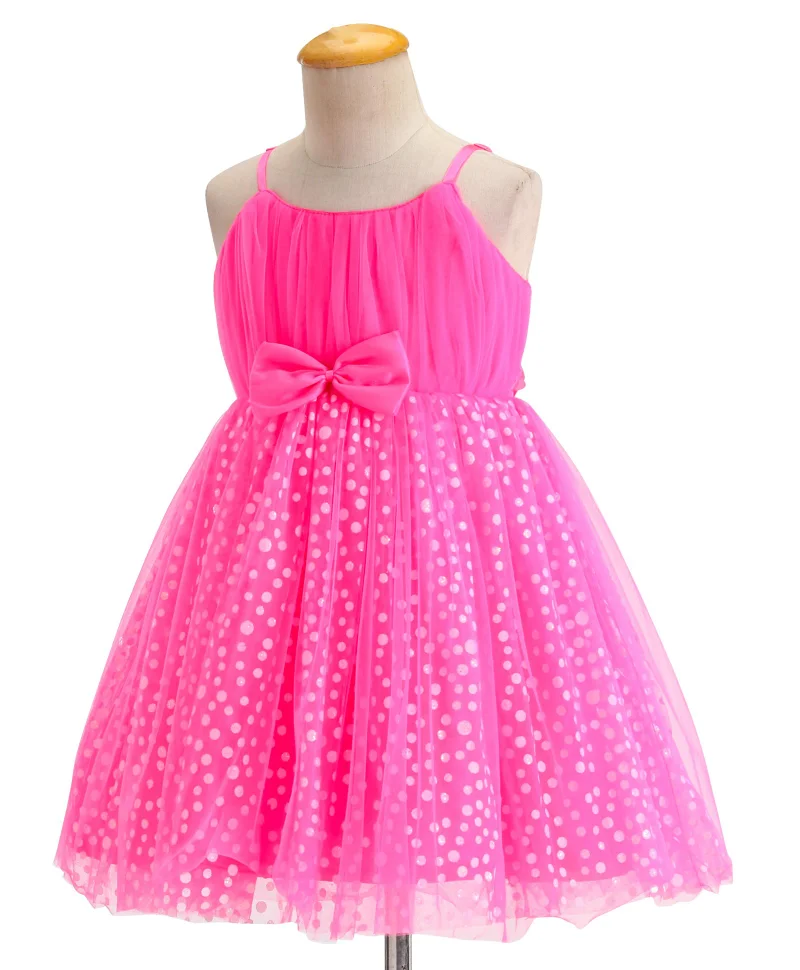 babyhug Babyhug Sleeveless Shimmery Party Frock with Bow Applique - Hot Pink