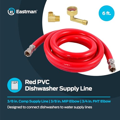Eastman 6 Foot Dishwasher Supply Line, 3/8 Inch x 3/8 Inch Compression, 3/8 Inch MIP and 3/4 Inch FHT Elbow, PVC Dishwasher Connectors, Red, 41061 - Image 2