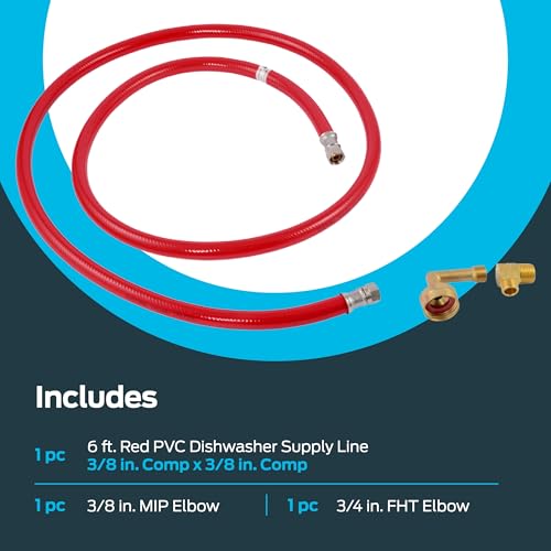 Eastman 6 Foot Dishwasher Supply Line, 3/8 Inch x 3/8 Inch Compression, 3/8 Inch MIP and 3/4 Inch FHT Elbow, PVC Dishwasher Connectors, Red, 41061 - Image 3