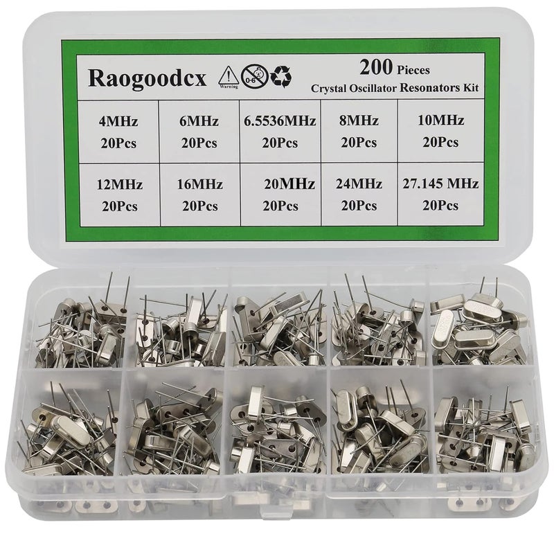 Raogoodcx 200PCS 10Value Crystal Oscillator Resonators Assortment Kit 4 MHz, 6 MHz, 6.5536MHz，8 MHz, 10 MHz, 12 MHz, 16 MHz, 20 MHz, 24 MHz, 27.145 MHz - Image 1