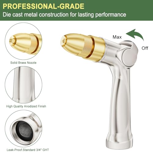 FANHAO Professional Heavy Duty Garden Hose Nozzle, 100% Metal Thumb Control Water Nozzle with Brass Tip, High Pressure Adjustable Water Hose Sprayer for Lawn & Plant Watering, Car & Pet Washing - Image 3