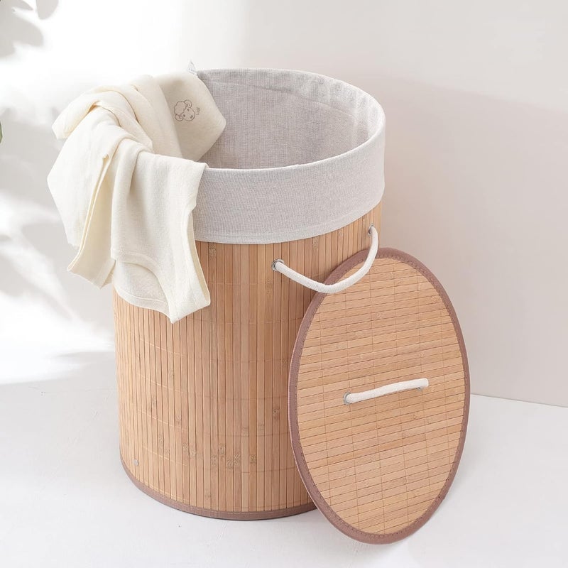 Kuber Industries Bamboo Basket With LidFoldable Laundry Basket For ClothesDurable Rope Handles Removable Bag Natural - Image 3