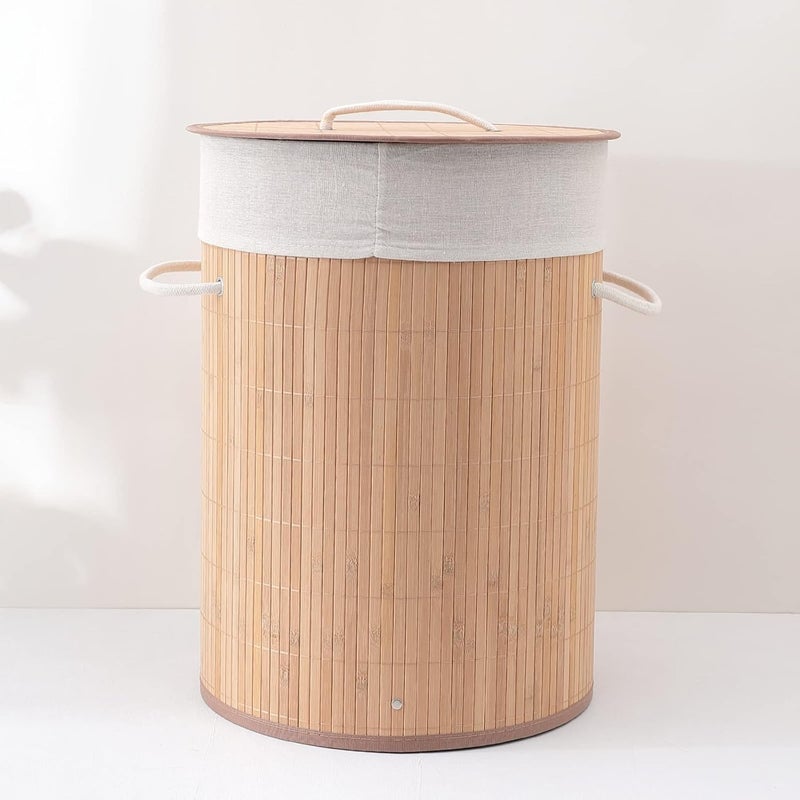 Kuber Industries Bamboo Basket With LidFoldable Laundry Basket For ClothesDurable Rope Handles Removable Bag Natural - Image 1