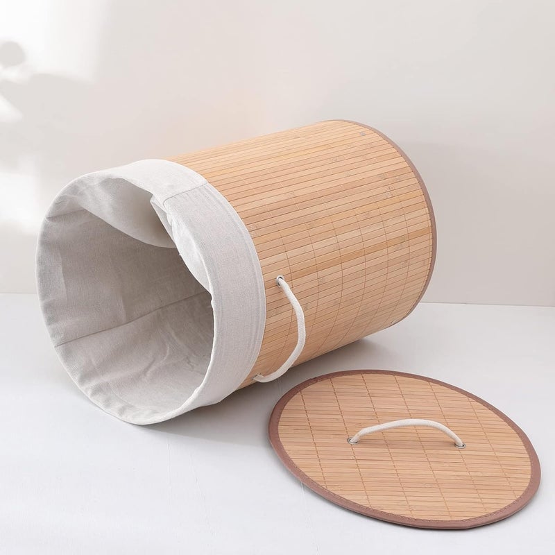 Kuber Industries Bamboo Basket With LidFoldable Laundry Basket For ClothesDurable Rope Handles Removable Bag Natural - Image 4