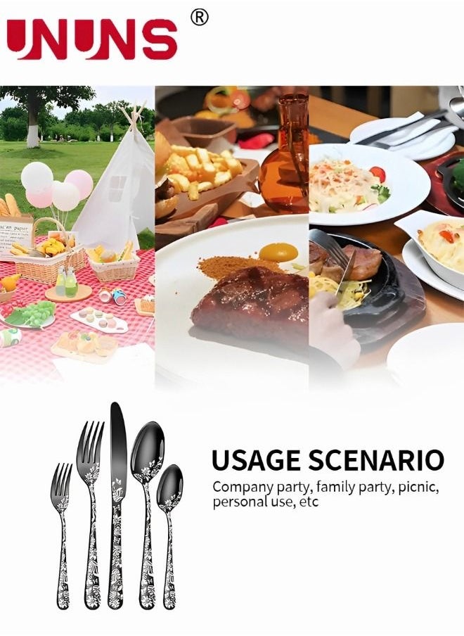 UNUNS - Kitchen Cutlery Set,304 Stainless Steel Fork Spoon Knife Dining Dinnerware Tableware Set,20 Pcs/Set,Floral Damask Rose Black Cutlery Set - Image 1