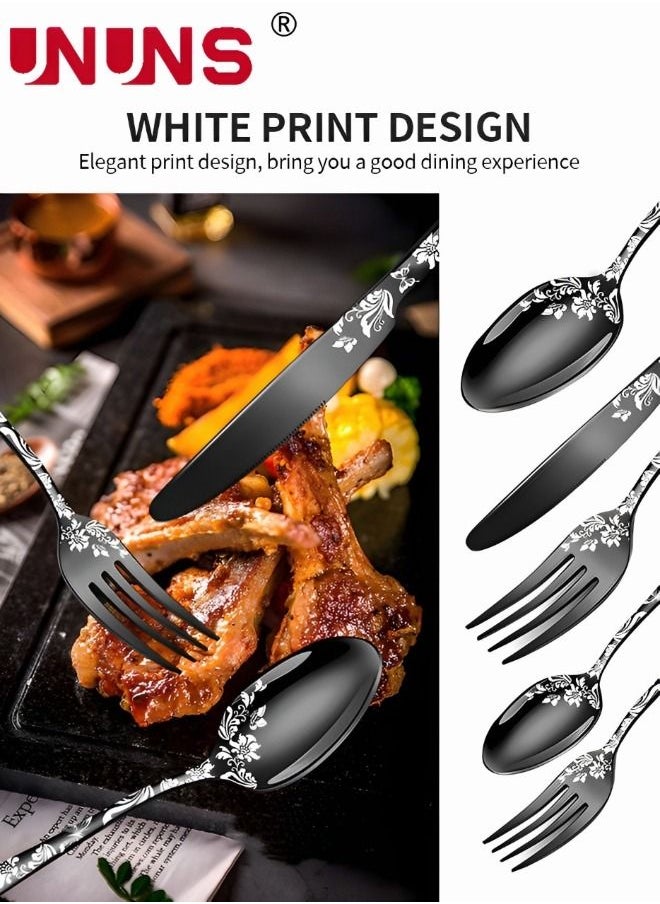 UNUNS - Kitchen Cutlery Set,304 Stainless Steel Fork Spoon Knife Dining Dinnerware Tableware Set,20 Pcs/Set,Floral Damask Rose Black Cutlery Set - Image 1