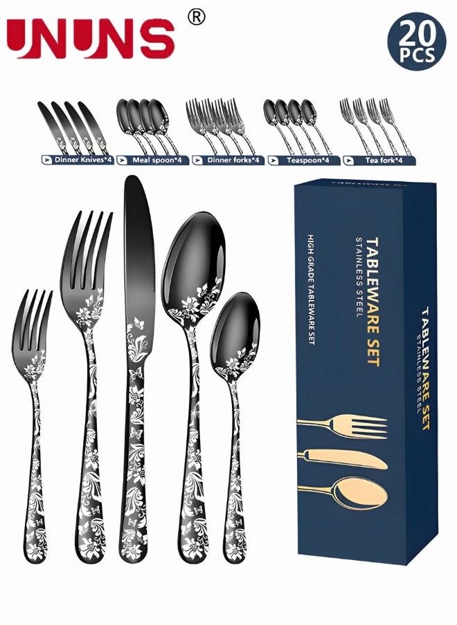UNUNS - Kitchen Cutlery Set,304 Stainless Steel Fork Spoon Knife Dining Dinnerware Tableware Set,20 Pcs/Set,Floral Damask Rose Black Cutlery Set - Image 1