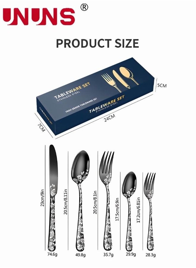 UNUNS - Kitchen Cutlery Set,304 Stainless Steel Fork Spoon Knife Dining Dinnerware Tableware Set,20 Pcs/Set,Floral Damask Rose Black Cutlery Set - Image 1