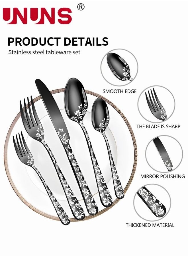 UNUNS - Kitchen Cutlery Set,304 Stainless Steel Fork Spoon Knife Dining Dinnerware Tableware Set,20 Pcs/Set,Floral Damask Rose Black Cutlery Set - Image 1