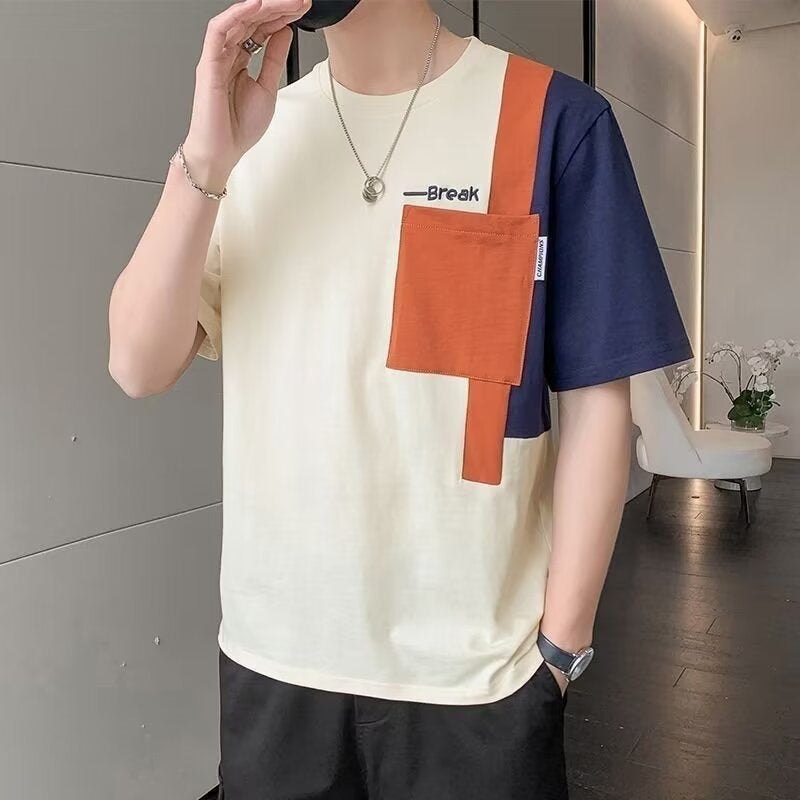 New Short-Sleeved T-Shirt Men'S Summer Korean-Style Trendy Simple Half-Sleeved Top Hong Kong-Style Loose Casual Trendy Brand T-Shirt - Image 1