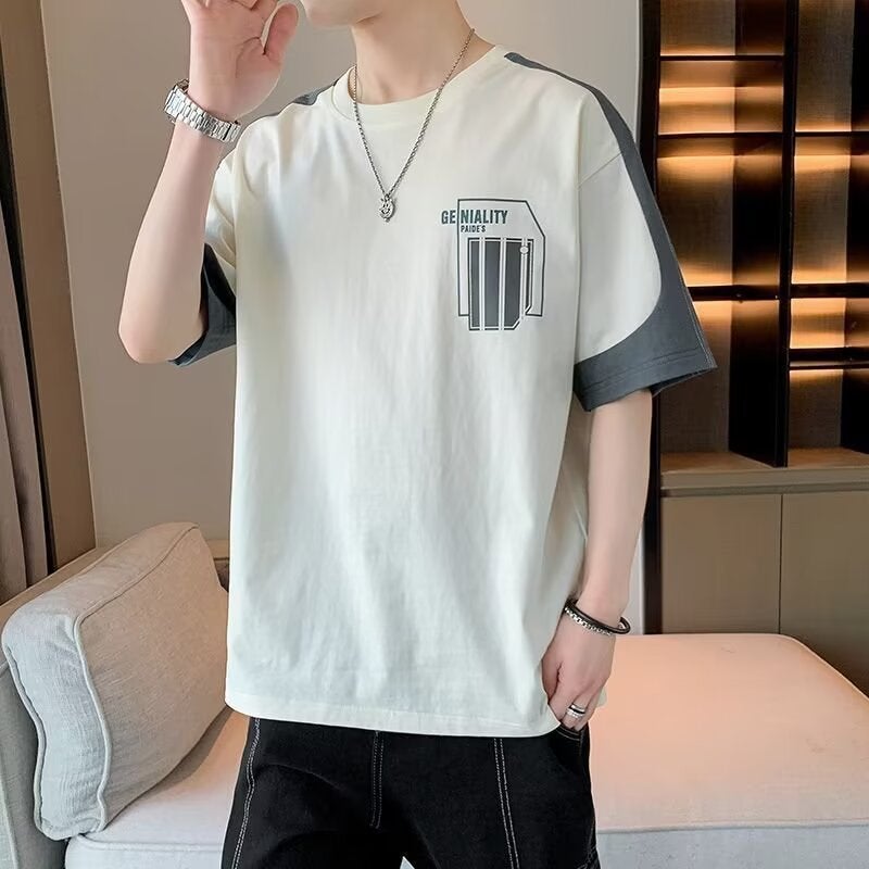 New Short-Sleeved T-Shirt Men'S Summer Korean-Style Trendy Simple Half-Sleeved Top Hong Kong-Style Loose Casual Trendy Brand T-Shirt - Image 3