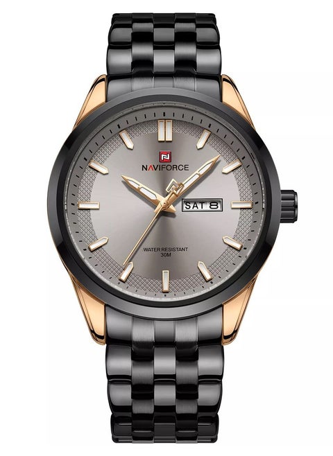 Stylish Mens Quartz Watch with Gray Dial Two Tone Stainless Steel Strap Analog Display Day Date Function Water Resistant 30M Elegant Wristwatch