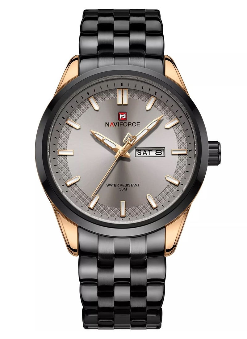 Stylish Mens Quartz Watch with Gray Dial Two Tone Stainless Steel Strap Analog Display Day Date Function Water Resistant 30M Elegant Wristwatch