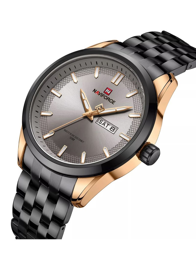 Stylish Mens Quartz Watch with Gray Dial Two Tone Stainless Steel Strap Analog Display Day Date Function Water Resistant 30M Elegant Wristwatch