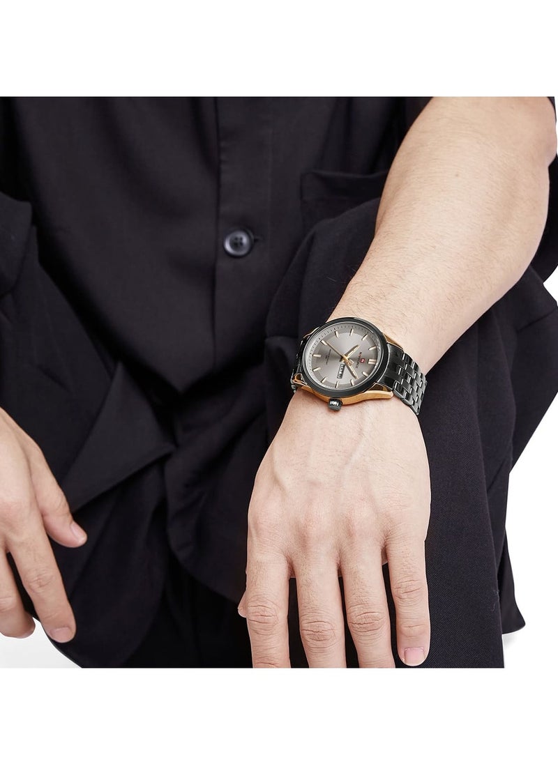 Stylish Mens Quartz Watch with Gray Dial Two Tone Stainless Steel Strap Analog Display Day Date Function Water Resistant 30M Elegant Wristwatch