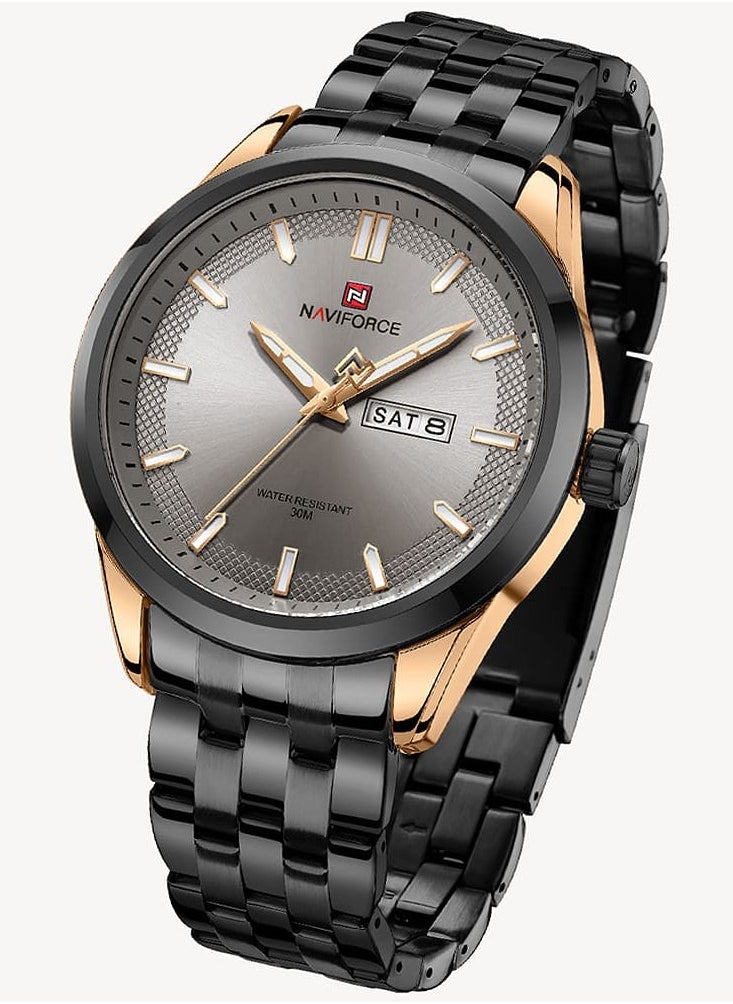 Stylish Mens Quartz Watch with Gray Dial Two Tone Stainless Steel Strap Analog Display Day Date Function Water Resistant 30M Elegant Wristwatch