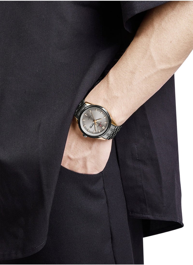 Stylish Mens Quartz Watch with Gray Dial Two Tone Stainless Steel Strap Analog Display Day Date Function Water Resistant 30M Elegant Wristwatch