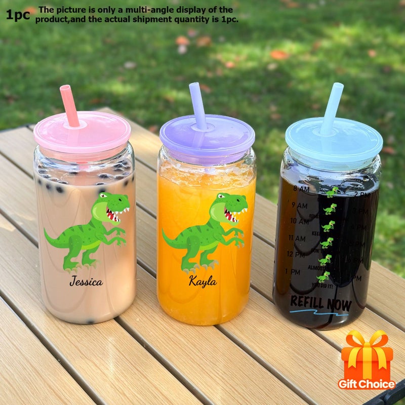 1pc Personalized Plastic Cola Can Cartoon Dinosaur UV Print 16oz Plastic Coffee Cup With Colored Lid And Straw Dinosaur Time Marker Beverage Juice Soda Water Cup Back To School Bottle Birthday Gift Holiday Decoration Blue - Image 1