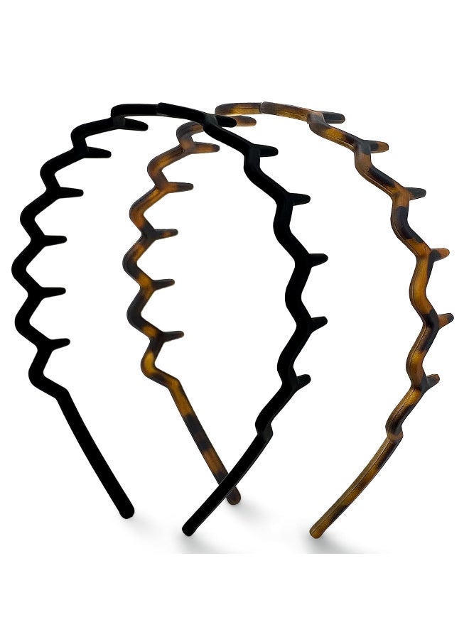 Kitsch Zig Zag Headbands for Women – Fashion Accessories for Slicked Back Styles - Comfortable Wavy Headbands | Comb Headband with Teeth - Black and Tortoise - 2 pcs - Image 1