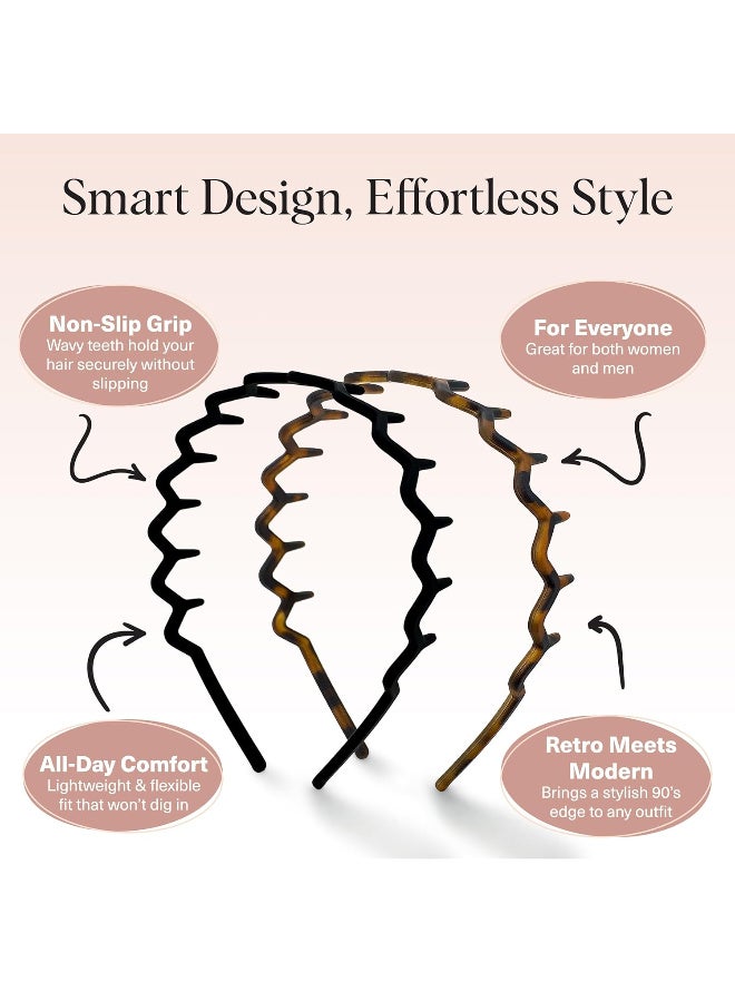 Kitsch Zig Zag Headbands for Women – Fashion Accessories for Slicked Back Styles - Comfortable Wavy Headbands | Comb Headband with Teeth - Black and Tortoise - 2 pcs - Image 3