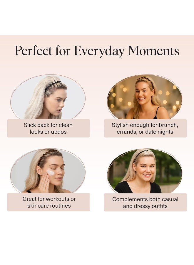 Kitsch Zig Zag Headbands for Women – Fashion Accessories for Slicked Back Styles - Comfortable Wavy Headbands | Comb Headband with Teeth - Black and Tortoise - 2 pcs - Image 4