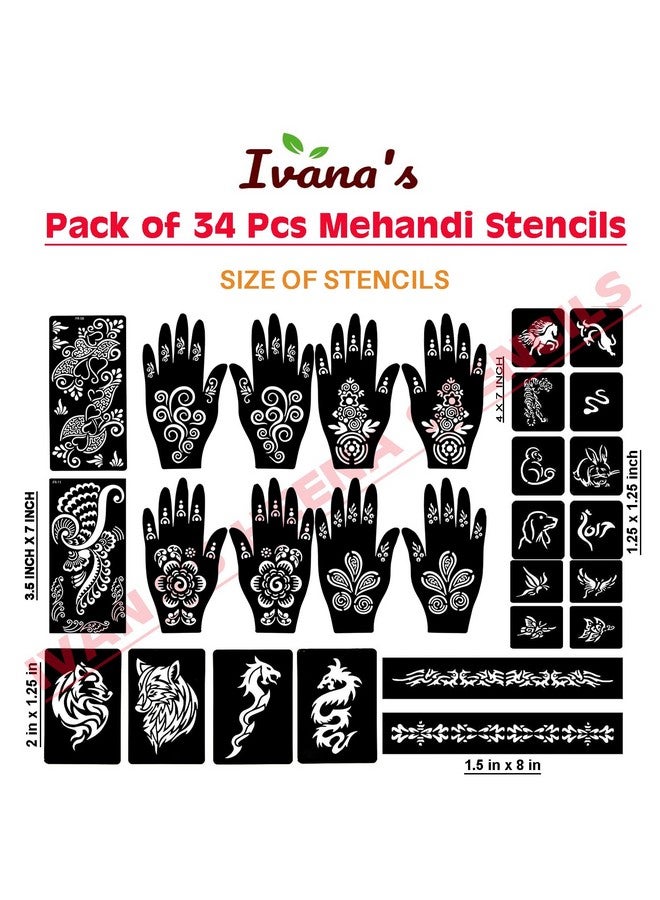 إيفاناز مجموعة إيفانا المكونة من 34 قطعة من قوالب الحناء القابلة لإعادة الاستخدام لليدين والمعصم والجسم والظهر والرقبة والوجه، مجموعة قوالب للنساء والفتيات والأطفال، سهلة الاستخدام في 4 خطوات فقط، مجموعة التصميم الهندي، A2158 - Image 4