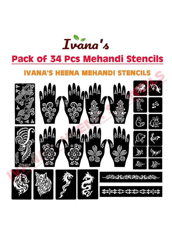 إيفاناز مجموعة إيفانا المكونة من 34 قطعة من قوالب الحناء القابلة لإعادة الاستخدام لليدين والمعصم والجسم والظهر والرقبة والوجه، مجموعة قوالب للنساء والفتيات والأطفال، سهلة الاستخدام في 4 خطوات فقط، مجموعة التصميم الهندي، A2158 - Image 3