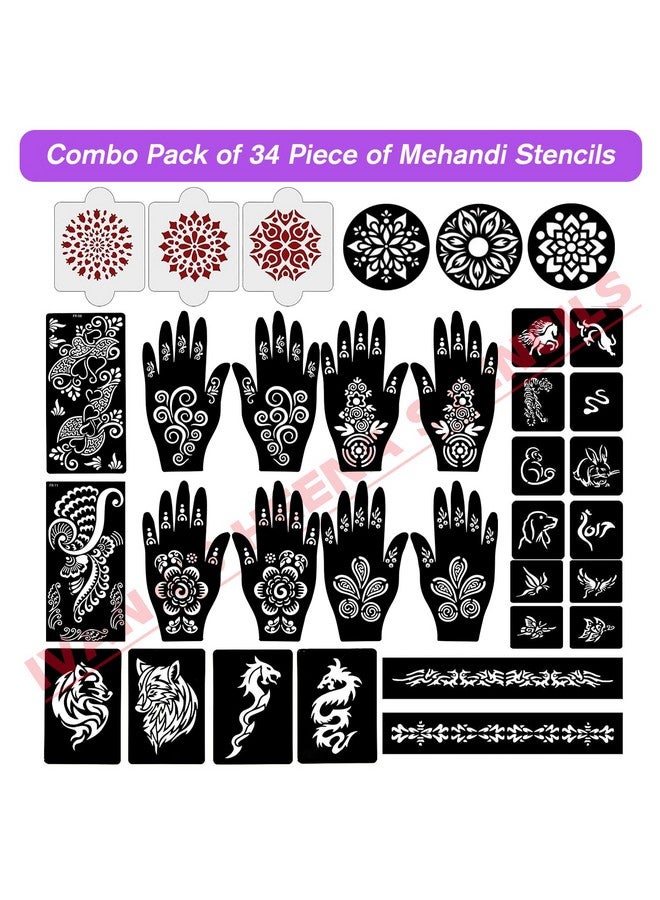 إيفاناز مجموعة إيفانا المكونة من 34 قطعة من قوالب الحناء القابلة لإعادة الاستخدام لليدين والمعصم والجسم والظهر والرقبة والوجه، مجموعة قوالب للنساء والفتيات والأطفال، سهلة الاستخدام في 4 خطوات فقط، مجموعة التصميم الهندي، A2158 - Image 2