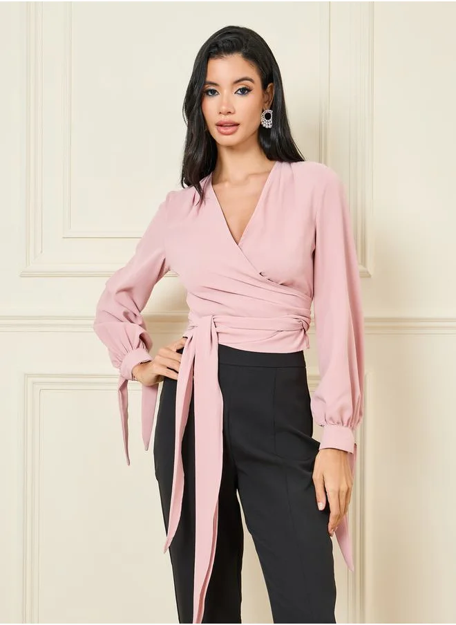 ستايلي Solid V Neck Crop Wrap Top