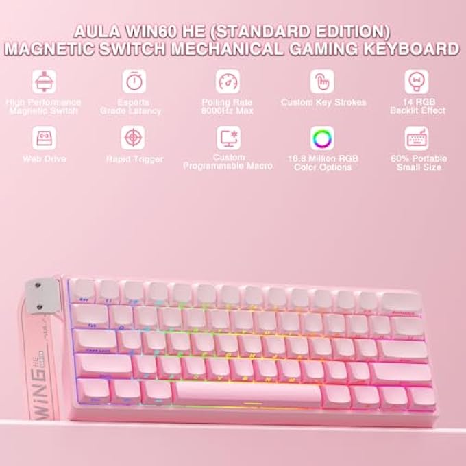 rayihni WIN60 HE MECHANICAL GAMING KEYBOARD WIRED,HALL EFFECT MAGNETIC SWITCHES,ADJUSTABLE ACTUATION RAPID TRIGGER,8K POLLING RATE,RGB BACKLIGHT,SIDE PRINTED,60% PERCENT KEYBOARD FOR MAC/WIN (PINK) - Image 2