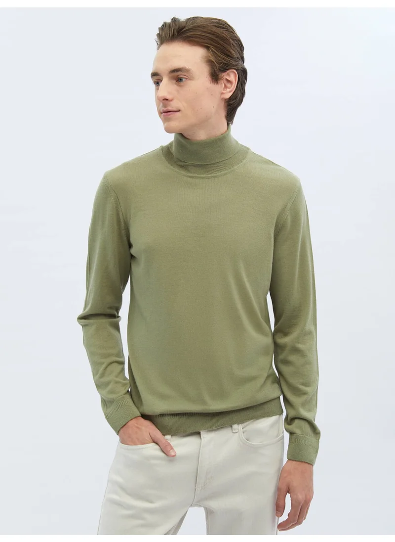 Kip Light Green Full Turtleneck Plain Knit Wool Blend Sweater