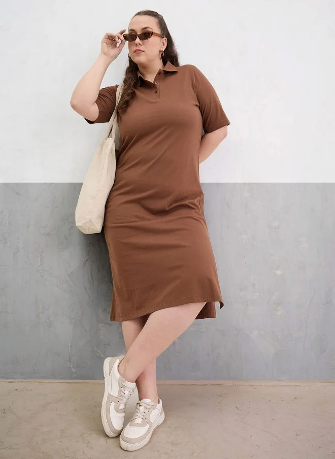 ساسافراس Brown Cotton T-Shirt Midi Dress for Women
