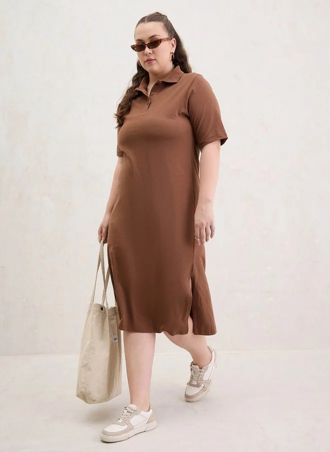 ساسافراس Brown Cotton T-Shirt Midi Dress for Women