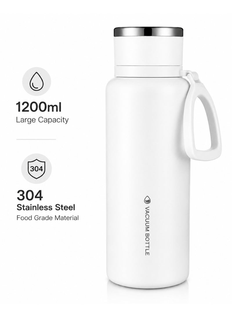 White 1200Ml Vacuum Insulated Stainless Steel Thermos Flask With Cup, Tea Infuser & Carry Handle, 304 Stainless Steel Water Bottle For Hot & Cold Drinks, Travel, Camping & Office - Image 1