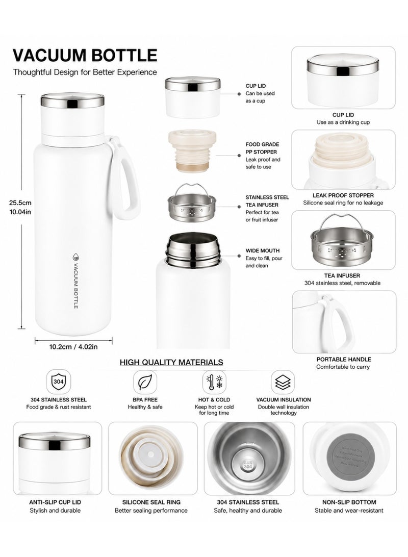 White 1200Ml Vacuum Insulated Stainless Steel Thermos Flask With Cup, Tea Infuser & Carry Handle, 304 Stainless Steel Water Bottle For Hot & Cold Drinks, Travel, Camping & Office - Image 2