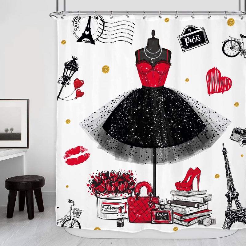 Riyidecor Girly Dresses Fashion Shower Curtain 60Wx72H Inch Women Black and Red Skirt Perfume Bottles Paris Tower Modern Bathroom Decor Fabric Polyester Waterproof 12 Pack Hooks