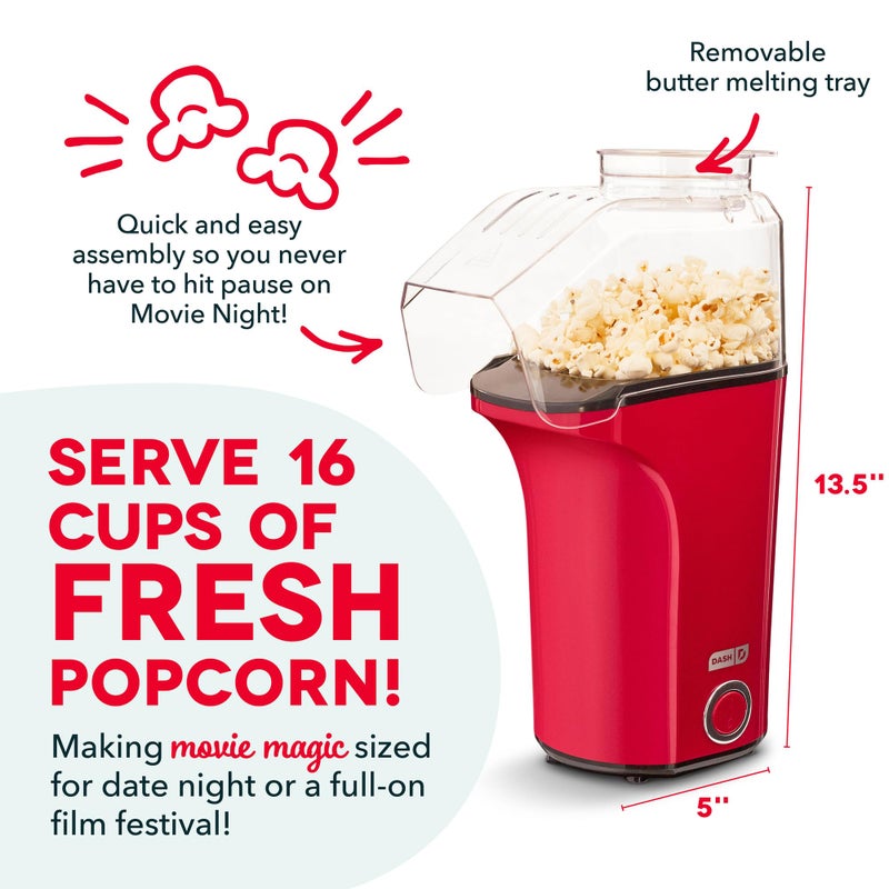 Dash Fresh Pop Popcorn Maker - Oil-Free, Air Popcorn Popper - With Measuring Cup & Recipe Guide - Perfect for Movie Nights - 16 Cups, Red - Image 3
