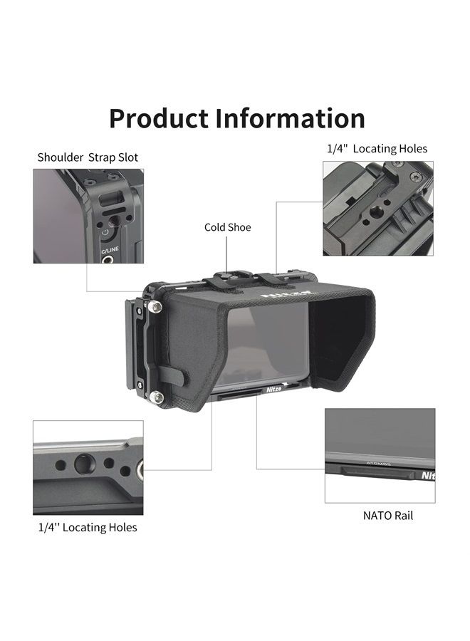 Nitze قفص لمراقبات Atomos Ninja V/Ninja V+ / Shinobi/ZATO Connect مع غطاء شمس، مشبك كابل HDMI وسكة NATO مدمجة - JT-A02B - Image 2