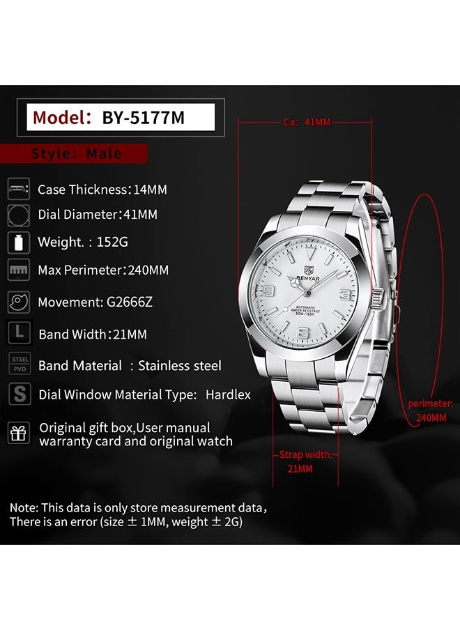 BENYAR - Casual Men's Automatic Watches 50M Waterproof Solid Stainless Steel Bracelet Wrist Watch for Men Luminous Wristwatches - Image 1