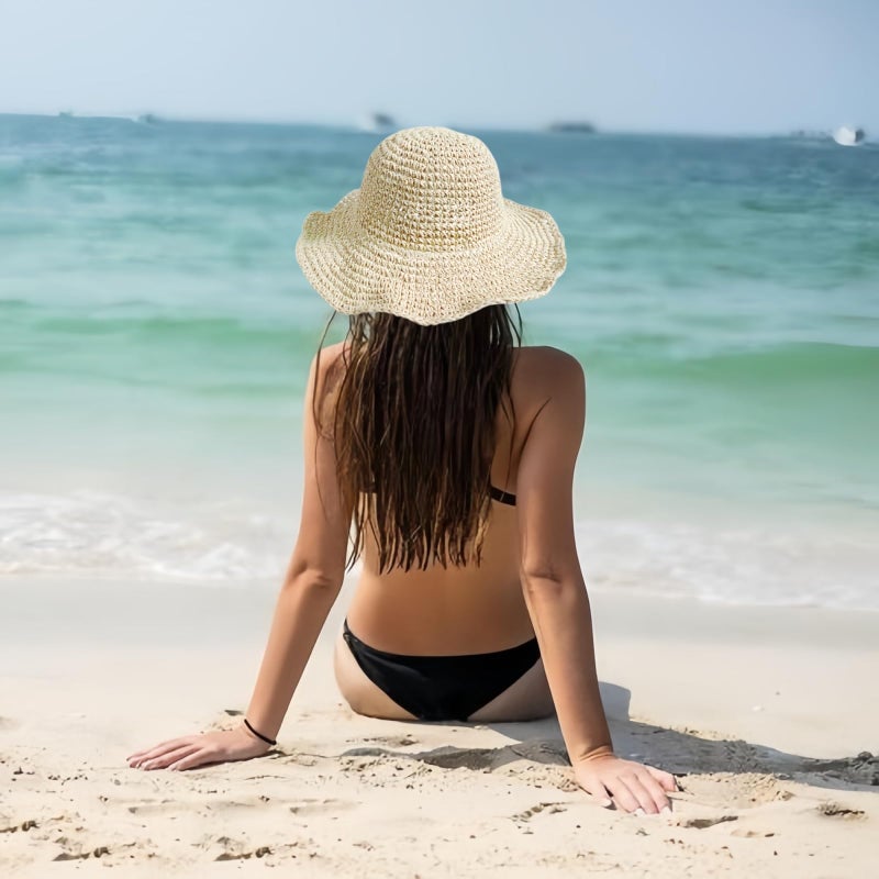 Askljeby Womens Sun Hats Wide Brim Summer Beach Hat for Women Foldable Travel Fedora Handmade Crochet Straw Hat Packable UPF50+, Beige - Image 4