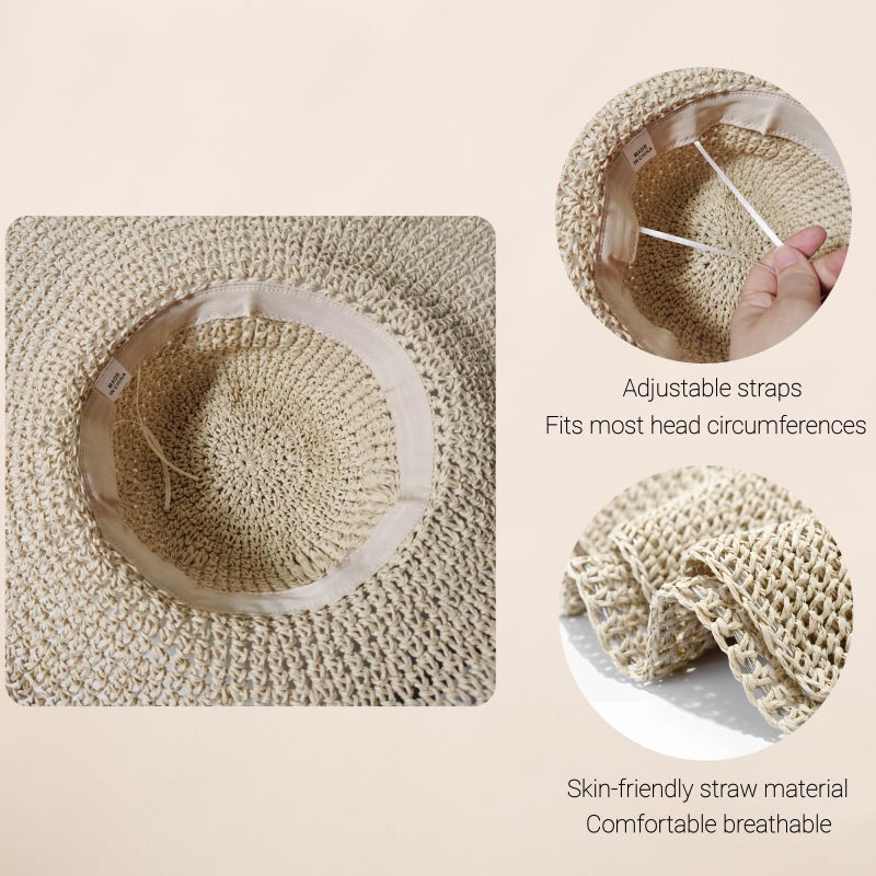 Askljeby Womens Sun Hats Wide Brim Summer Beach Hat for Women Foldable Travel Fedora Handmade Crochet Straw Hat Packable UPF50+, Beige - Image 5