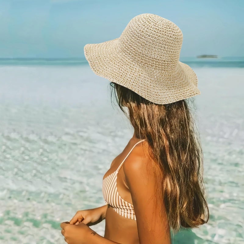 Askljeby Womens Sun Hats Wide Brim Summer Beach Hat for Women Foldable Travel Fedora Handmade Crochet Straw Hat Packable UPF50+, Beige - Image 3