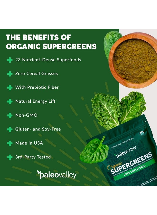Paleovalley مسحوق سوبرغرينز العضوي من باليو فالي - 23 نوعًا من الأطعمة الخارقة مع ألياف بروبيوتيك لدعم الطاقة والمناعة - بدون حشائش الحبوب لامتصاص أقصى - نقي بدون نكهة، 30 حصة - Image 4