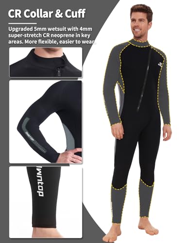 Owntop 5mm Wetsuit for Men - Long Sleeve Full Diving Suits Stretch One Piece Dive Skin UPF50+ Thermal Neoprene Swimwear Ideal for Scuba Surfing Snorkeling, Gray M - Image 5