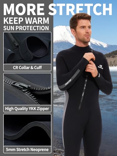 Owntop 5mm Wetsuit for Men - Long Sleeve Full Diving Suits Stretch One Piece Dive Skin UPF50+ Thermal Neoprene Swimwear Ideal for Scuba Surfing Snorkeling, Gray M - Image 3
